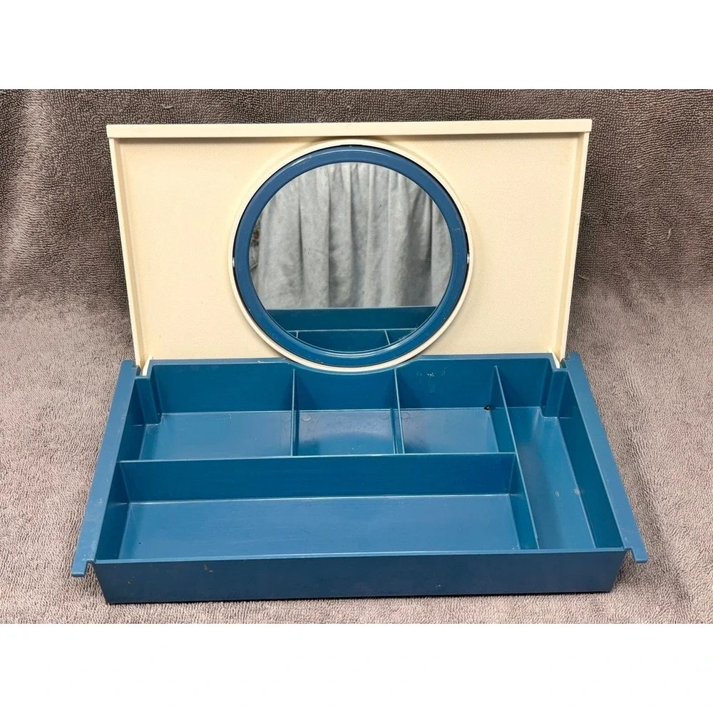 Vtg Makeup Organizer Box Swivel Mirror Blue Cream Floral Plastic Vanity Storage